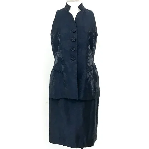 Dior 10P Metallic Floral Formal Skirt Suit Navy Petite - Picture 1 of 15